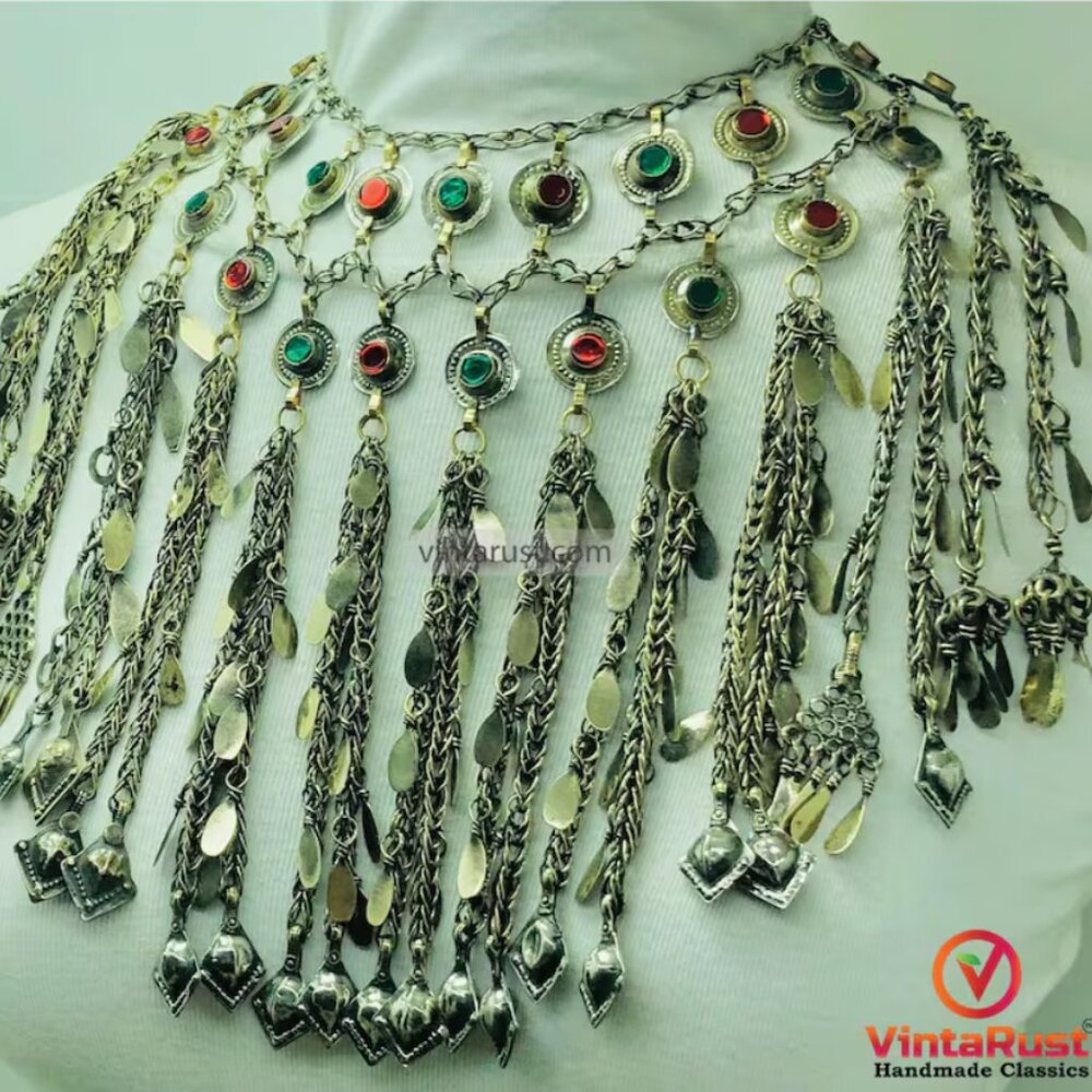 Afghan Kuchi Tribal Necklace, Gypsy Silver Multi-Layered Tassel Statement Jewlry - Picture 6 of 7
